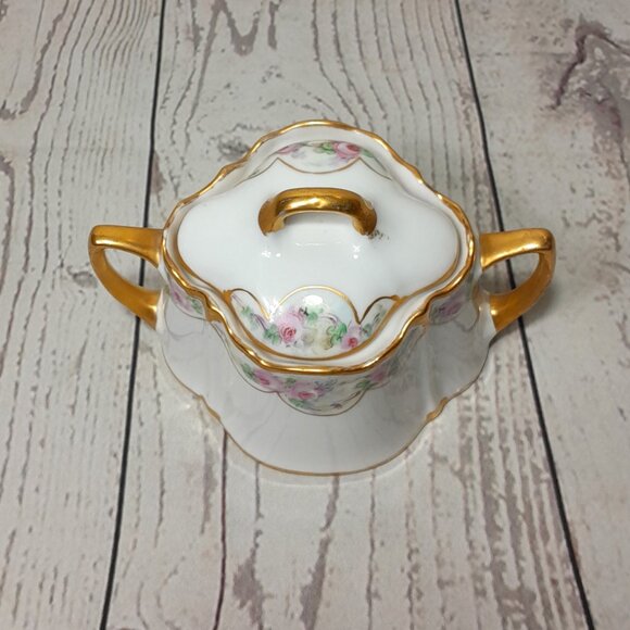 Porcelain Sugar Bowl KPM Germany Floral Pink Roses Gold Trim Double Handles - Picture 5 of 13
